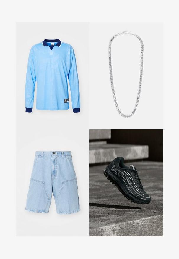 Hellblauses Langarm-Polohemd mit marineblauem Kragen und Bündchen, das ein dezentes Allover-Muster und Nike-Logoprint am unteren Saum aufweist.; Hellblaue Jeansshorts mit lockerer Passform, zwei großen Vorderreißverschlusstaschen und einem Knopfverschluss an der Taille.; Schwarzer und grauer Nike Air Max Sneaker, der über graue Betonstufen mit strukturiertem Bodenhintergrund schwebt.; Kette aus silbernem Metall mit ineinandergreifenden Gliedern, einer glatten Textur und einem verstellbaren Verschluss zur Anpassung der Länge.
