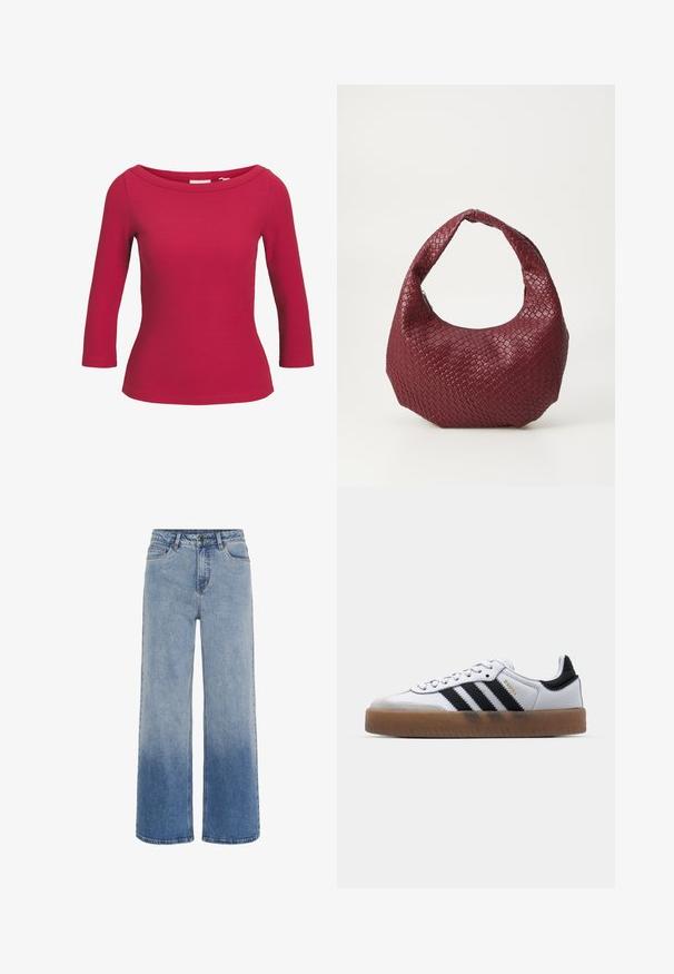 Rode geribbelde gebreide top met driekwart mouwen en een brede, afgeronde halslijn, afgebeeld op een effen witte achtergrond.; Hoge taille blauwe denim jeans met wijde pijpen en een gradient vervaging van lichtblauw naar donkerblauw aan de onderkant.; Witte leren sneakers met zwarte strepen, gumrubberen buitenzool, ronde neus, vetersluiting en een zachte grijze suède neuskap.; Geweven bordeaux handtas met een afgeronde silhouet, een enkele handgreep en een gestructureerde afwerking. Ritssluiting aan de bovenkant.