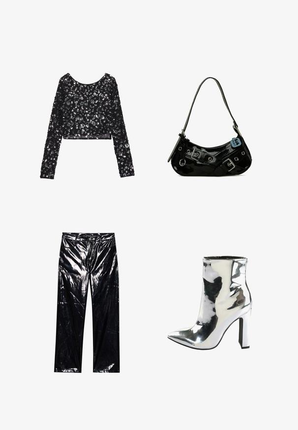Schwarzes, kurzes Langarmoberteil mit silbernen Pailletten, runder Ausschnitt und strukturierten Oberfläche.; Schwarze, hochglänzende, Kunstlederhosen mit weitem Bein, klassischem Fünf-Taschen-Design, Knopf- und Reißverschluss sowie glänzender Textur.; Silberne Lackleder-Ankle Boots mit einer spitzen Spitze, dickem hohen Absatz und einem seitlichen Reißverschluss, der eine glatte, glänzende Textur aufweist.; Schwarze Lackleder-Handtasche mit geschwungener Form, ausgestattet mit silbernem Beschlag, dekorativen Schnallen und einem kurzen Griff. Blaue Anhängeschild befestigt.