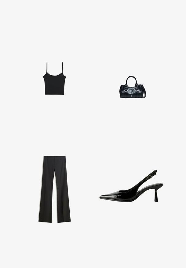 Stradivarius Débardeur - black; Pantalon noir évasé avec une texture lisse, doté d'une coupe ajustée et d'une taille cintrée. Aucun motif ou ornement visible.; Racine à talon en cuir verni noir avec un nez pointu, des côtés découpés, une bride de cheville ajustable et un talon fin et élégant.; Sac à main en cuir noir avec deux poignées supérieures, boucles décoratives et une bandoulière amovible sur fond blanc.