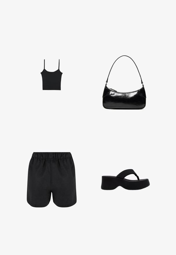 Stradivarius Débardeur - black; Shorts noirs avec une taille élastique. Tissu doux, design simple et ourlet légèrement arrondi en bas. Pas de motifs ou de logos visibles.; Sandale noire à plateforme avec semelle épaisse et large bride d'orteil, vue de côté sur fond blanc.; Sac à épaule en cuir noir brillant avec un seul compartiment zippé et une fine bandoulière arquée.