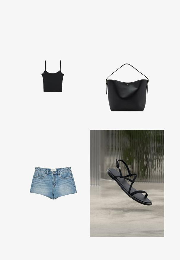 Stradivarius Top - black; Jeanshorts, lys blå, høj talje, fem-lomme design, flosset kant, standard knaplukning, logoetiket på taljebåndet.; Sort minimalistisk flad sandal med tynde remme og spænde, der svæver over en betongulv og en tekstureret glasbaggrund.; Sort læder skuldertaske med en enkelt strop og diskrete guldfarvede detaljer, med en glat, let buet topkant.