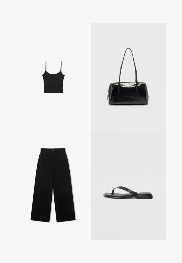 Stradivarius Top - black; Zwarte, wijde spijkerbroek van denim met een hoge taille, voorzien van een vijf-pocket ontwerp en een enkele knoopsluiting aan de voorkant.; Zwarte teenflip-flop van glad leer, met een dunne band en een platte zool met een minimalistisch profiel. Geen opvallende patronen of accenten.; Zwarte rechthoekige handtas met twee lange riemen en een zilveren driehoekig metalen logoplaatje bovenaan in het midden.