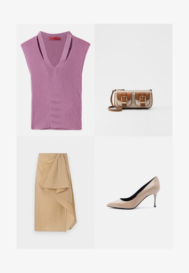 Mouwloze top met V-hals in lichtpaarse geribde tricot, met een middennaad detail en een label bij de halslijn.; Beige wikkelrok van lichtgewicht stof met een asymmetrische draping, voorzien van een gegarneerde tailleband en een gladde textuur. Geen zichtbare sluitingen.; Beige lakleren pumps met een spits toelopende neus en een slanke naaldhak, met een zwarte voering, op een witte achtergrond.; Bruine leren handtas met een gemêleerd beige canvas lichaam, twee voorzakken met gouden gespen en een afneembare schouderband. Ritsluiting.