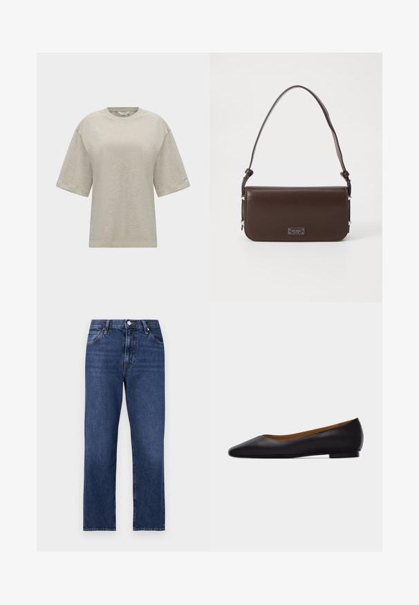 Schlichtes hellbeiges oversized Kurzarm-T-Shirt mit rundem Ausschnitt, präsentiert vor weißem Hintergrund.; Jeans aus Denim in einem dunklen Blauton. Gerades Bein Design mit fünf Taschen, Frontknopfverschluss und kontrastierenden Stickereidetails.; Schwarzer flacher Schuh aus Leder mit spitz zulaufender Vorderkappe, niedrigem Absatz und glatter Oberfläche, von der Seite vor einem hellgrauen Hintergrund dargestellt.; Braune Lederhandtasche mit flachem Design, verstellbarem Schultergurt und silberfarbenen Beschlägen. Zeigt eine Logoplatte auf der Vorderseite.