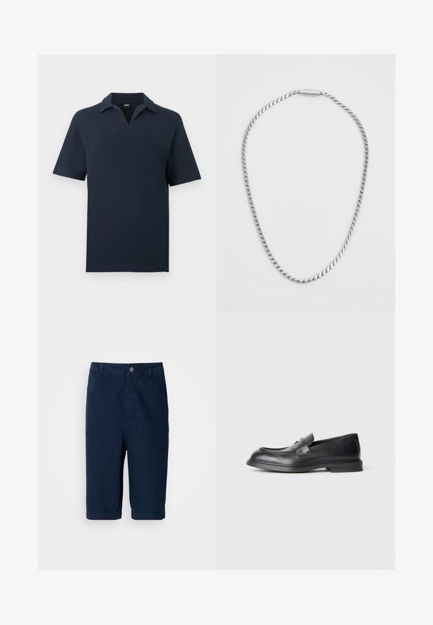 Donkerblauw poloshirt met korte mouwen, gestructureerde stof en open kraag, weergegeven op een eenvoudige lichte achtergrond.; Marineblauwe shorts van katoenstof met een rechte snit, een knoopsluiting en riemlussen. Heeft omslagranden en twee zijzakken.; Zwarte leren loafers met een gestructureerde afwerking, voorzien van een decoratieve voorstrik en een afgeronde neus. Rubberzool voor duurzaamheid.; Zilveren gedraaide ketting met een gladde textuur, voorzien van een eenvoudig sluitingsontwerp. De ketting heeft een uniforme dikte over de hele lengte.