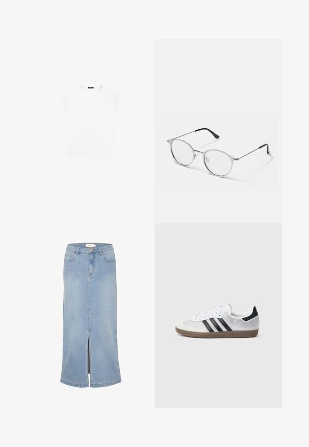Witte katoenen T-shirt met een ronde halslijn en korte mouwen. Eenvoudig ontwerp, geen patronen of accenten. Zachte, gladde textuur.; Lichtblauwe denim midi rok met een voorknipsel, rechte snit, klassiek vijf-pocket ontwerp en een vervaagde afwerking. Met een wit merkembleem.; Witte mesh sneaker met zwarte strepen, beige suède neuskapje en hielaccent, gestructureerde rubberen zool en witte veters. Klassiek ontwerp met lage schacht.; Metalen zilveren bril met ronde glazen en een dunne montuur. Zwarte tempeltips bieden contrast. Inclusief verstelbare neuspad.