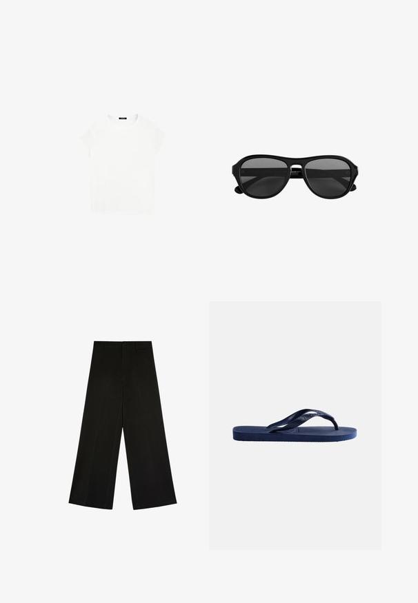 Weißes Baumwoll-T-Shirt mit rundem Ausschnitt und kurzen Ärmeln. Einfaches Design, ohne Muster oder Akzente. Weiche, glatte Textur.; Schwarze weit geschnittene Hose mit Knopf- und Reißverschluss, Gürtelschlaufen und vorderen Bügelfalten, flach auf weißem Hintergrund liegend.; Dunkelblaue Gummi-Zehensandale mit strukturierter Sohle und Y-förmigem Riemen auf schlichtem hellem Hintergrund.; Schwarze Sonnenbrille mit Kunststoffrahmen, dunkel getönten Gläsern und schmaler Brücke, von vorne vor weißem Hintergrund gezeigt.