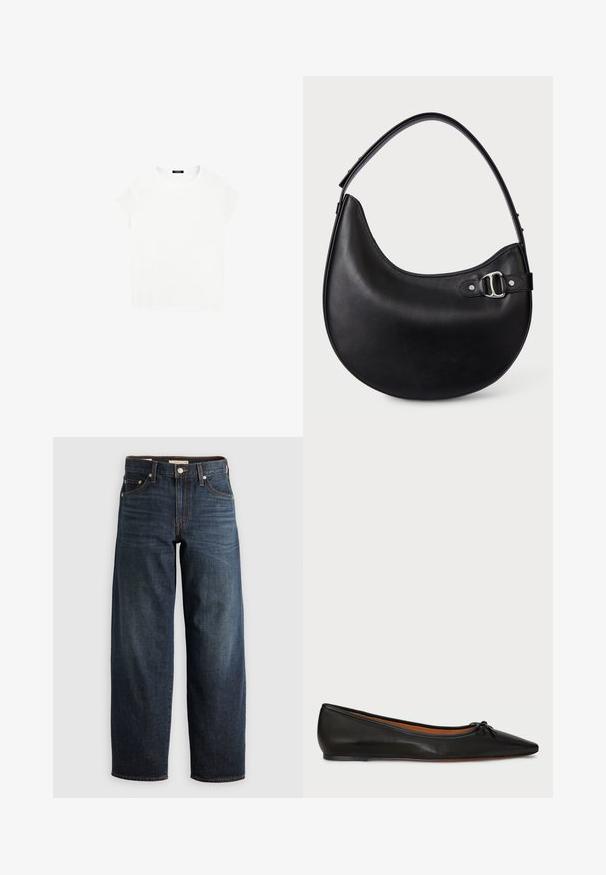 Witte katoenen T-shirt met een ronde halslijn en korte mouwen. Eenvoudig ontwerp, geen patronen of accenten. Zachte, gladde textuur.; Donkerblauwe jeans van denim, met een recht model, vijf-pocketstijl en stiksels met een knoopsluiting.; Zwarte leren balletschoenen met een spitse neus, slanke silhouet en een klein strikdetail aan de voorkant. Gladde textuur en minimalistisch ontwerp.; Zwarte leren handtas in halvemaanvorm met een verstelbare schouderriem en een zilveren gesp aan de zijkant.