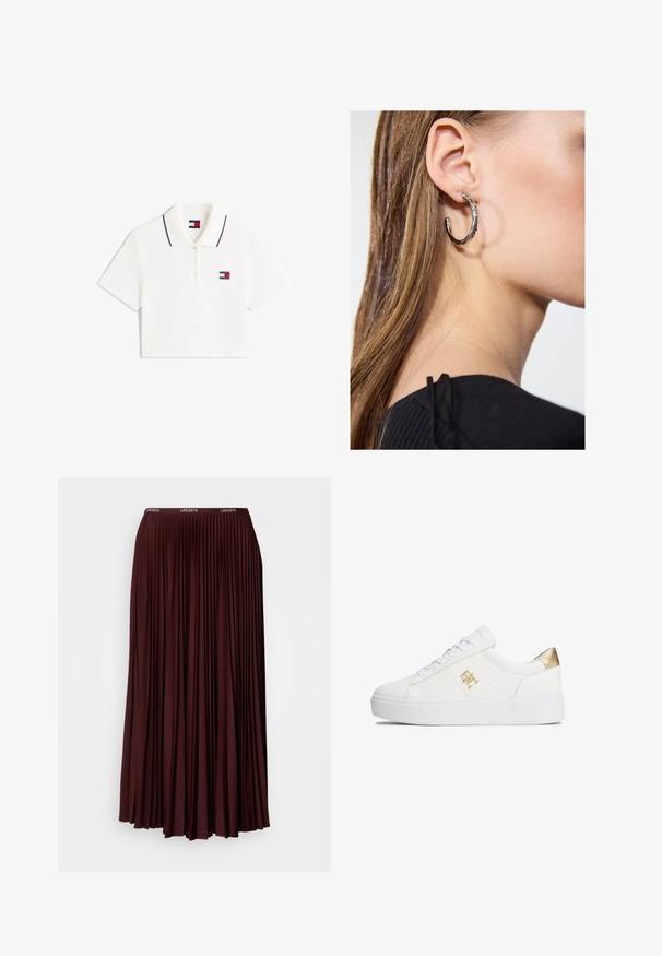 Wit cropped poloshirt met korte mouwen, kraag met zwarte bies, knoopsluiting en klein Tommy Jeans-logo op de borst en aan de binnenkant van de kraag.; Bordeaux plissé rok van zachte stof met een elastische tailleband en een subtiele logo. Volledige lengte ontwerp met verticale plooien.; Witte leren sneakers met een gestructureerd gouden accent op de hiel, platte witte zool en een vetersluiting aan de voorkant met een metalen logodetail.; Zilveren oorbel met een gepolijste afwerking, met kleine gouden accentdetails en een ronde vorm, gedragen op de oorlel.
