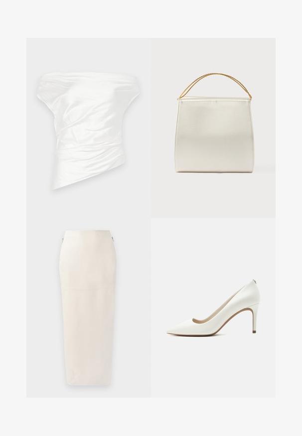 Λευκή off-the-shoulder μπλούζα από απαλό σατέν ύφασμα, με ριχτό δομημένο σχέδιο και ασύμμετρο στρίφωμα.; Κρέμα μίντι φούστα με στενή σιλουέτα, κατασκευασμένη από λείο ύφασμα, με κρυφό φερμουάρ στο πλάι και μινιμαλιστικές ραφές.; Λευκό δερμάτινο στιλέτο με μυτερή μύτη, λεπτό ψηλό τακούνι και λείο φινίρισμα, εμφανιζόμενο από πλευρά σε μονόχρωμο ανοιχτό φόντο.; Δομημένη τσάντα χειρός με σατινέ φινίρισμα, σε κρεμ χρώμα, με λουράκι ώμου αλυσίδα. Διαθέτει επίπεδη, λεία υφή και καθαρές ραφές.