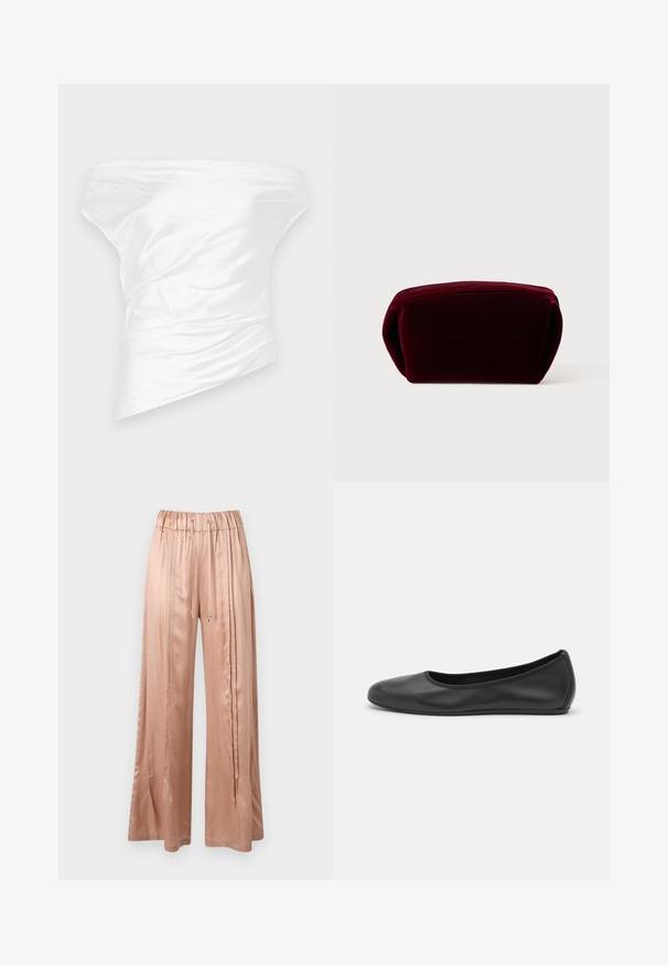 Biela top s odhalenými ramenami vyrobená z hladkej saténovej látky, s draped a štruktúrovaným dizajnom a asymetrickým lemom.; Satinové široké nohavice v ružovo-pink farbe s elastickým pásom, doplnkami na šnúrku a bočnými prehnutiami pre dodatočnú textúru a tvar.; Čierne kožené baleríny s okrúhlou špičkou, hladkým povrchom, minimálnym prešívaním a flexibilným dizajnom podrážky.; Bordová zamatová taška so zaobleným tvarom, textúrovaným povrchom a nenápadným zipsom na vrchu. Hladký interiér.