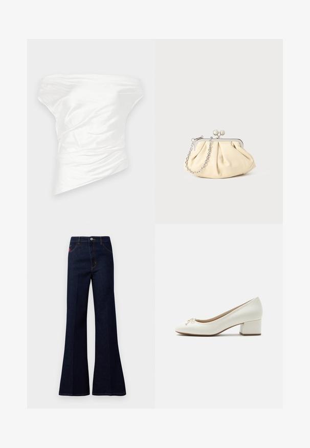 Valge off-the-shoulder tops, mis on valmistatud siledast satiinist, eristub drapeeritud ja struktureeritud disainiga, millel on asymmeetriline äär.; Tumedast sinised kõrge vöökoht flared teksapüksid ees oleva nupu, lukuga, külg- ja taga-taskutega ning kontrastsete õmblustega.; Valged nahast madala kontsaga naiste pumbad ümarate varvastega, väikese paela detailiga ees ja plokktallaga tavalise hele taustal.; Kortsus beežist nahast kotike, millel on hõbedane metallraam, kaunistatud kahe ümmarguse dekoratiivse lukuga ja hõbedase ketispideme.