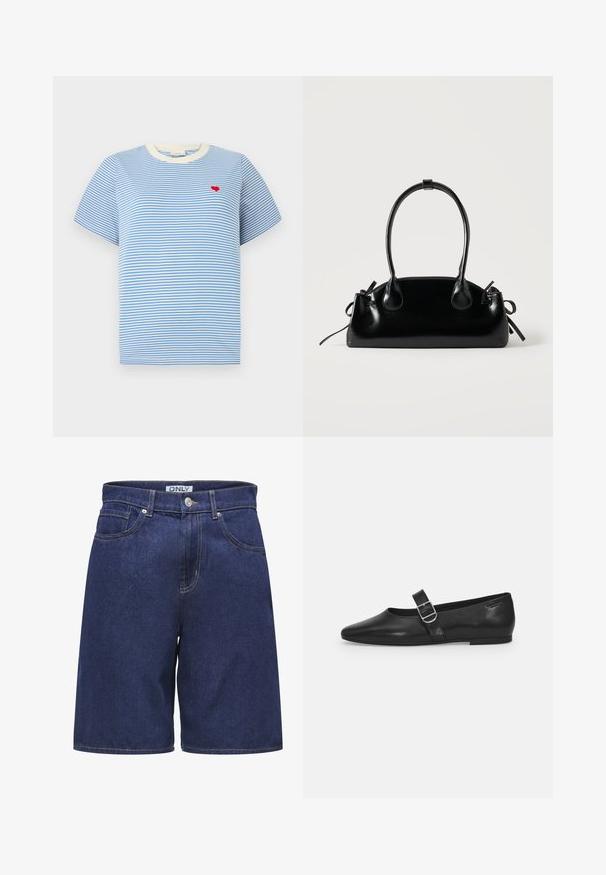 Blåstribet t-shirt med kortærmer, cremede ribbede krave og en lille broderet rød hjerte på brystet. Mellemstof i bomuld.; Mørkeblå denimshorts med et klassisk fem-lomme design. Har sølvknap og kontrasterende gul syning langs sømmene.; Sorte læder flade sko med rund tå, et enkelt justerbart spænde og en glat, blank overflade. Minimalistisk design med en lav hæl.; Lille sort blank håndtaske med to lange håndtag og snøre-detaljer i siden på en ensfarvet lys baggrund.