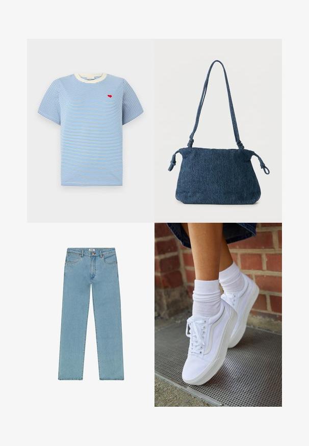 T-shirt rayé bleu à manches courtes, col côtelé crème, et une petite broderie en forme de cœur rouge sur la poitrine. En matériau coton.; Wrangler SUNSET - Jean droit - light stone; Baskets en toile blanches avec semelles en caoutchouc, dotées de six œillets, d'un bout rond et de détails de couture légers, portées avec des chaussettes blanches mi-mollet.; Sac d'épaule en denim bleu foncé avec extrémités de sangle nouées et forme rectangulaire simple sur fond blanc.