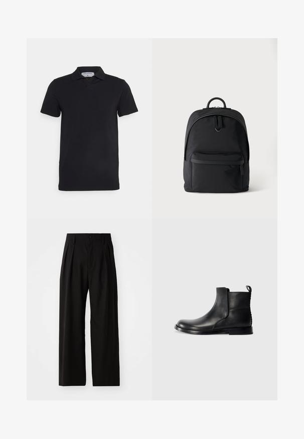 Polo noir à manches courtes avec un col classique, fabriqué en tissu lisse. Présente une étiquette avec le nom de la marque 'Filippa K' au niveau de l'encolure.; Pantalons larges noirs avec une texture lisse, dotés de deux plis avant, d'une fermeture à bouton et de poches latérales. Tissu durable.; Botte de cheville en cuir noir avec bout rond, panneaux latéraux élastiques et dos texturé. Elle dispose d'une semelle en caoutchouc plate et d'une languette de traction.; Sac à dos noir avec une poche avant zippée, un compartiment principal à double fermeture éclair et un petit logo en métal sous les poignées de la fermeture principale.