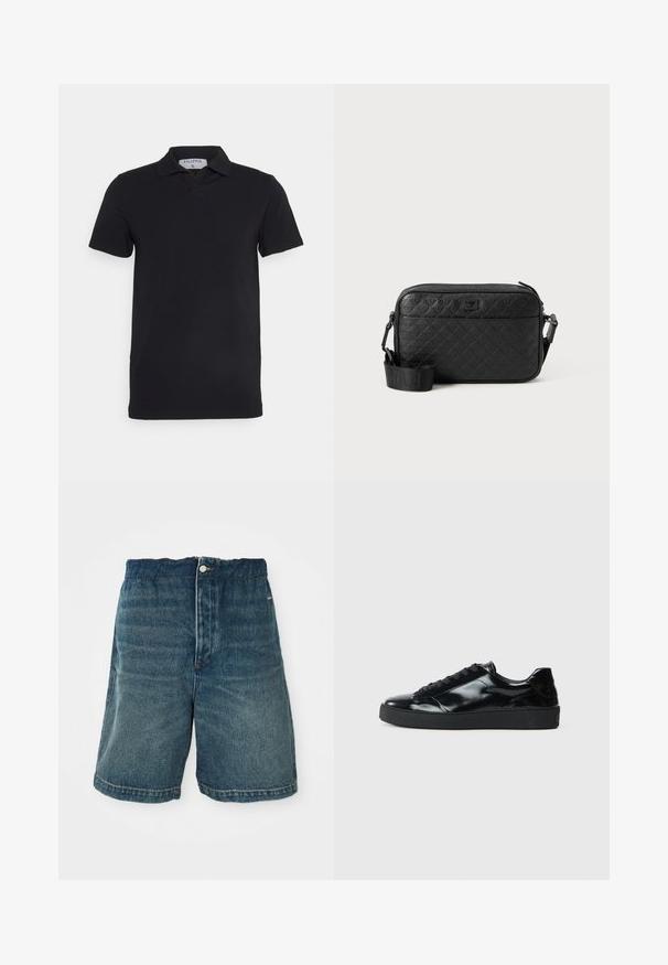 Schwarzes kurzärmliges Polohemd mit klassischem Kragen, aus glattem Material. Verfügt über ein Etikett mit dem Markennamen 'Filippa K' am Kragen.; Dunkelblaue Denim-Shorts mit lockerer Passform, Knopfverschlüsse und sichtbaren Nähten an Saum und Taschen.; Schwarze Lackledersneaker mit runder Zehenform, Schnürdesign, strukturiertem Gummisohle und glatter Oberfläche.; Schwarze, strukturierte Umhängetasche mit geprägtem geometrischem Muster und verstellbarem Tragegurt mit Markenlogo.