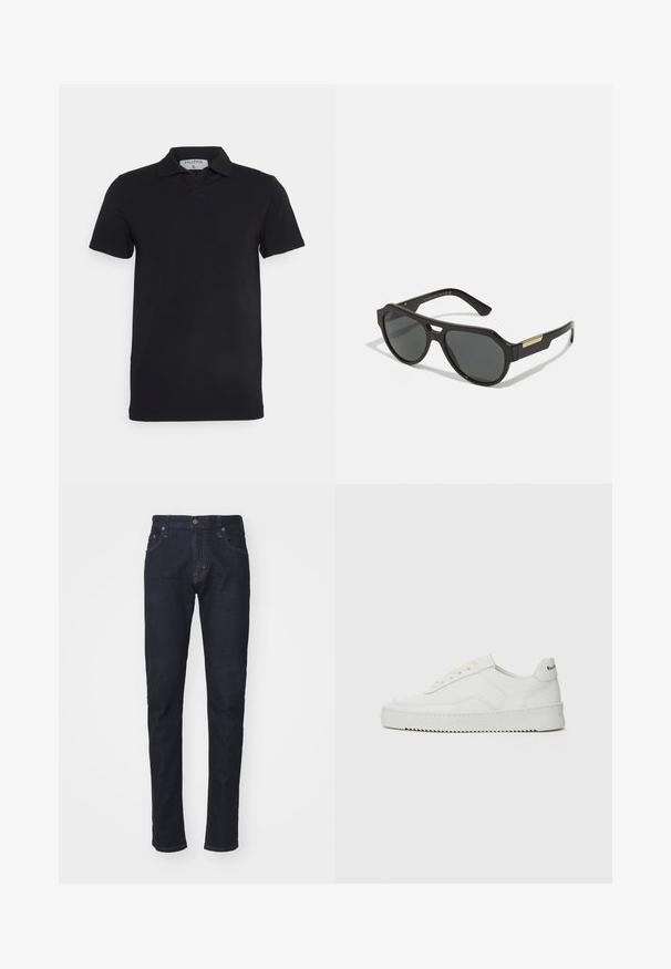 Schwarzes kurzärmliges Polohemd mit klassischem Kragen, aus glattem Material. Verfügt über ein Etikett mit dem Markennamen 'Filippa K' am Kragen.; Dunkelblaue Denim-Jeans mit schlankem Schnitt, Fünf-Taschen-Design und Knopfverschluss. Verfügt über kontrastierende Nähte und eine gerade Beinform.; Weiße Ledersneaker mit glatter Oberfläche, runder Zehenpartie, flachen Schnürsenkeln und strukturiertem Sohlenprofil. Mit einem dezenten Logo an der Ferse.; Schwarze Sonnenbrille mit einem geometrischen Rahmen, getönten Gläsern und goldenen Akzenten an den Bügeln. Glattes Kunststoffmaterial mit mattem Finish.
