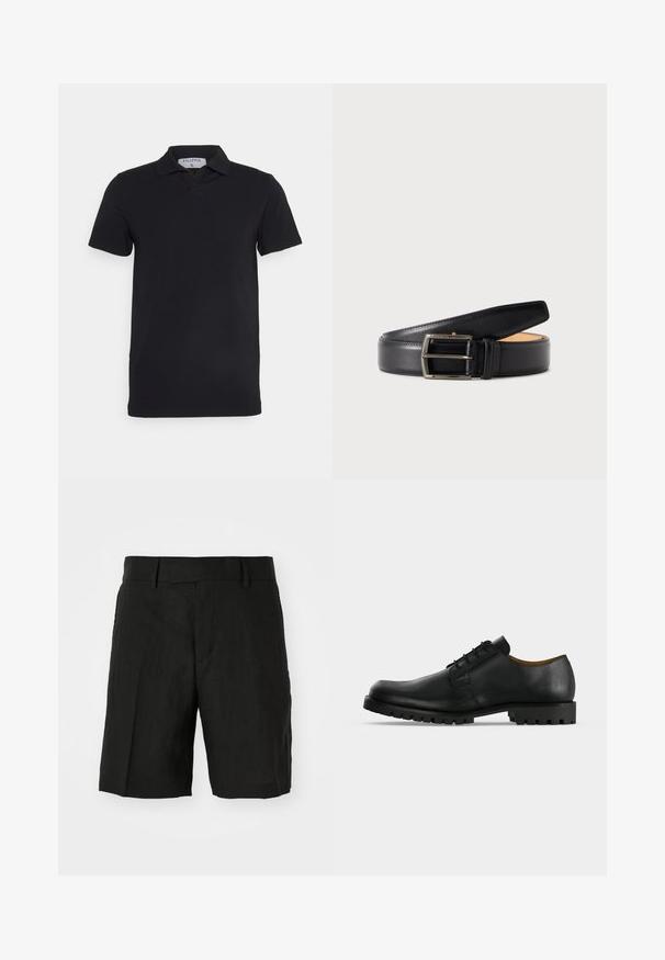 Sort kortærmet polo-shirt med klassisk krave, lavet af glat stof. Har et mærke med brandnavnet 'Filippa K' ved halsudskæringen.; Sorte linnedshorts med en afslappet pasform, der har en flad front, lommer på siden og en mellemlang længde. Letvægtsstruktur synlig.; Sort lædersko med snørebånd, tyk rillede sål og lav hæl vist på en hvid baggrund.; Sort læderbælte med sølvrektangulært spænde rullet sammen på en ensfarvet, lys baggrund.