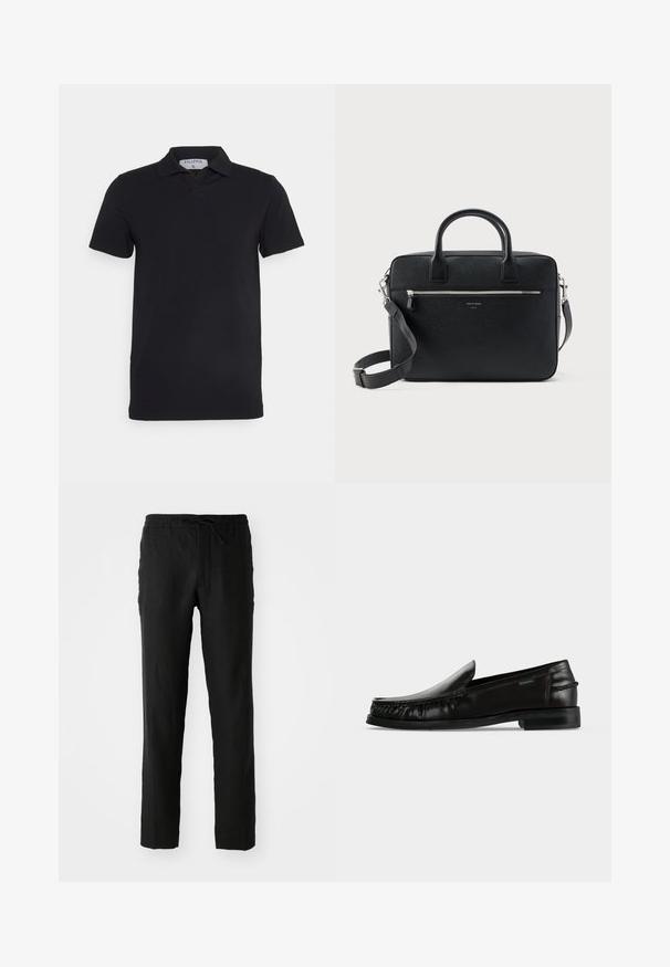 Sort kortærmet polo-shirt med klassisk krave, lavet af glat stof. Har et mærke med brandnavnet 'Filippa K' ved halsudskæringen.; Sorte linnedbukser med elastisk talje og snor. Lige ben-design og glat tekstur. Velegnet til afslappet brug.; Sort læder slip-on loafer med flettet detalje langs siderne og en lav hæl på en hvid baggrund.; Sort struktureret rektangulær lædermappe med dobbelthåndtag, lynlåslomme foran og justerbar skulderrem vist på hvid baggrund.