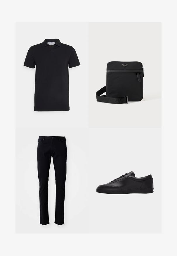 Camisa polo negra de manga corta con un cuello clásico, fabricada en un tejido suave. Presenta una etiqueta con el nombre de la marca 'Filippa K' en el escote.; Pantalones de algodón negros de corte slim, con cierre de botón, trabillas para el cinturón, bolsillos delanteros y una textura suave.; Zapatilla baja negra de cuero con cordones en la parte delantera y suela plana de goma, mostrada de perfil sobre un fondo blanco liso.; Bolso de hombro negro cuadrado con cierre de cremallera, bolsillo delantero y correa ajustable con nombre de marca en relieve.