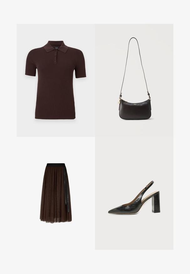 Mørkebrun kortærmet ribstrikket polo med tre knapper og en klassisk krave, vist på en ensfarvet baggrund.; Brun midi-længde tylskørt med sort elastisk talje og lang sort bånddetalje hængende på den ene side.; Sort læder peep-toe slingback sko med høj blokhæl og beige indvendig foring mod en ensfarvet lys baggrund.; Sort skuldertaske i læder med guldlukning, guld "BOSS"-logo og justerbar rem på ensfarvet lys baggrund.