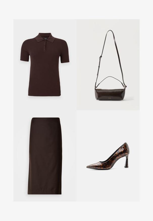 Polo en maille côtelée à manches courtes de couleur brun foncé avec trois boutons et un col classique, présenté sur un fond uni.; Jupe crayon marron, de longueur genou, fabriquée en tissu lisse. Présente un design simple sans motifs ni embellissements visibles.; Chaussure à talon haut marron écaille de tortue à bout pointu avec finition brillante et talon courbé de hauteur moyenne, vue de côté.; Petit sac à bandoulière en cuir marron foncé brillant avec bandoulière réglable, poignée supérieure et fermeture éclair dorée.