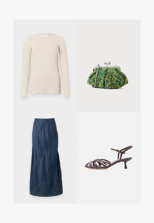Rabanne T-shirt à manches longues - ecru; Jupe maxi en denim de couleur bleu profond, présentant des motifs de couture diagonaux et une taille élastique pour une forme structurée et fluide.; Sandale à talon kitten en cuir marron foncé avec lanières et bride de cheville réglable à boucle sur fond blanc.; Sac pochette en tissu vert avec motif floral jaune et bleu, monture en métal argenté et bandoulière chaîne. Le design plissé ajoute de la texture.