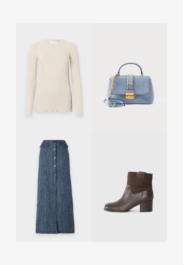 Rabanne Langarmshirt - ecru; Dunkelblauder Denim-Maxi-Rock mit strukturierter Oberfläche, mit Knopfverschluss vorne, zwei Klappentaschen und einem leichten Schlitz vorne.; Castañer NONA - Ankle Boot - brown; Hellblauer Wildleder-Handtasche mit goldfarbenen Nieten, Kettendetail, oberem Griff, verstellbarem Riemen und goldfarbenem Schlossverschluss auf der vorderen Klappe.