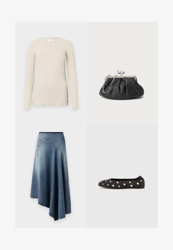 Rabanne Langarmshirt - ecru; Denim-Wickelrock in einem hellen bis dunklen Blauton-Gradient, mit einem gestickten Blumenmuster auf einer Seite und sichtbaren Stichdetails entlang der Ränder.; Schwarzer Ballettflachschuh mit elastischem Fersenband und verstreuten großen silbernen Rundnieten auf der Oberseite, seitlich auf weißem Hintergrund gezeigt.; Schwarze Leder-Clutch mit geraffter Textur, silberfarbener Metallrahmen, Druckverschluss und Kettenriemen. Glatte, weiche Oberfläche.