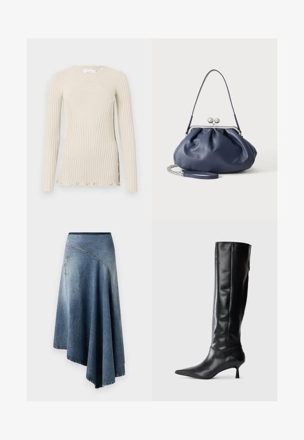 Rabanne Langærmet T-shirt - ecru; Denim wrap nederdel i lys til mørk blå gradient, med en broderet blomsterdesign på den ene side og synlige stikninger langs kanterne.; Sorte læder knæhøje støvler med spids tå og slank buet hæl. Glat tekstur, tætsiddende design og ingen synlig hardware eller mønstre.; Blød navyblå læderhåndtaske med sølv lukning, enkelt skulderrem og aftagelig kæde til håndleddet på hvid baggrund.