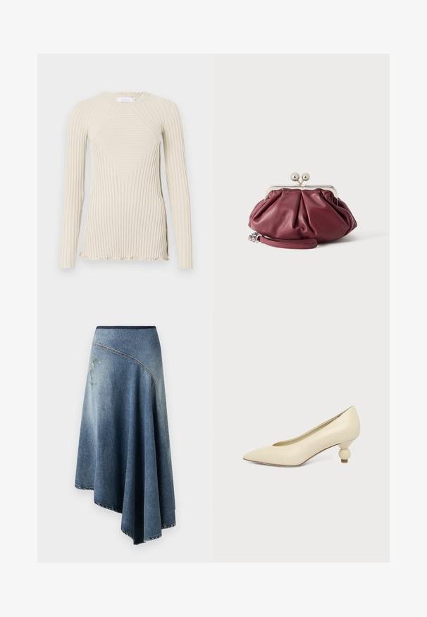Rabanne Langarmshirt - ecru; Denim-Wickelrock in einem hellen bis dunklen Blauton-Gradient, mit einem gestickten Blumenmuster auf einer Seite und sichtbaren Stichdetails entlang der Ränder.; Damenpumps in cremefarben mit spitz zulaufender Schuhspitze und niedrigem, kugelförmigem Absatz vor einfarbigem Hintergrund.; Kleine bordeauxrote Leder-Clutch mit silbernem Metallverschluss und Handgelenksriemen auf weißem Hintergrund.