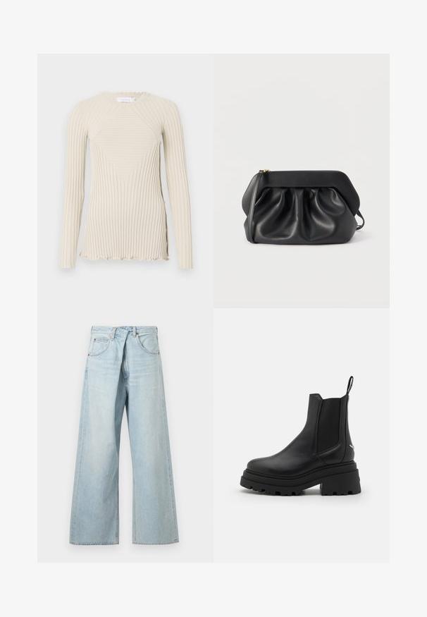 Rabanne T-shirt à manches longues - ecru; Jean denim bleu clair à jambes larges avec passants de ceinture et poches avant, présenté de face sur un fond uni.; Bottines Chelsea noires en cuir lisse avec des panneaux latéraux élastiques, une semelle en caoutchouc épaisse et nervurée, et une languette à l'arrière.; Pochette en cuir noir avec une structure rigide, des détails froncés et une fine lanière de poignet sur fond blanc.