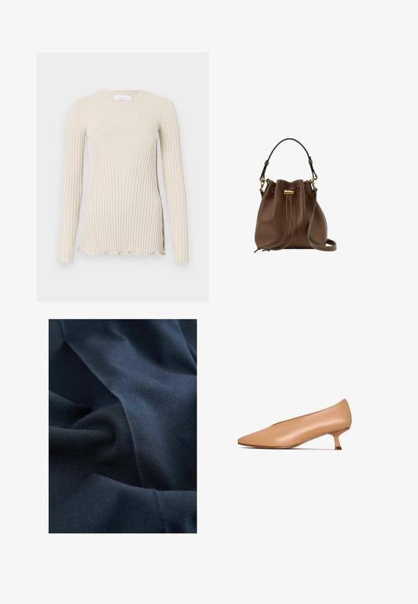 Rabanne Langarmshirt - ecru; Marineblauer Stoff mit glatter, matter Textur, der sanfte Falten und Knicke aufweist. Das Material erscheint leicht und fällt gut.; Nudefarbene Lederpumps mit spitzer Zehenpartie, niedrigem Kittenheel und glatter Textur. Minimalistisches Design ohne sichtbare Muster oder Hardware-Details.; Braune Leder-Bucket-Bag mit Kordelzugverschluss, goldfarbenen Beschlägen, Tragegriff oben und abnehmbarem Schulterriemen vor weißem Hintergrund.