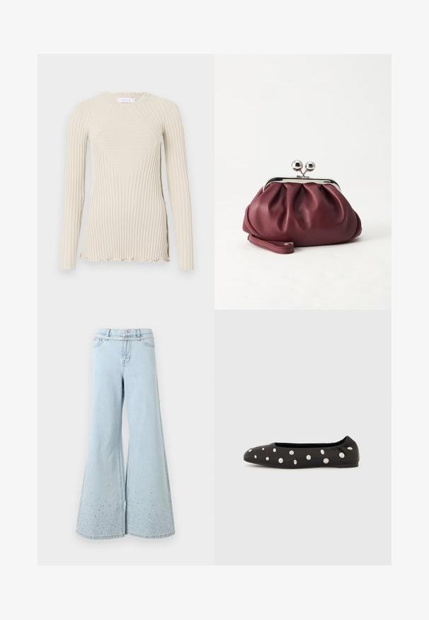 Rabanne T-shirt à manches longues - ecru; Jean en denim bleu clair taille haute à jambes larges, orné de petites strass dispersées près des ourlets.; Chaussure ballerine noire à bride élastique à l'arrière, ornée de gros clous ronds argentés dispersés sur le dessus, vue de profil sur fond blanc.; Petit sac pochette en cuir bordeaux avec fermoir métallique argenté et bracelet sur fond blanc.