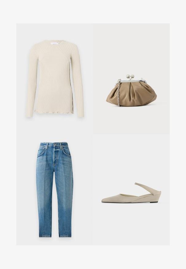Rabanne Longsleeve - ecru; Lichtblauwe denim jeans, rechte pasvorm, vijf zakken, vervaagde wassing, ritssluiting met knoopsluiting en zichtbaar stiksel.; Beige lage sleehak slingback schoen met puntige neus en gladde matte afwerking, getoond in zijaanzicht op een witte achtergrond.; Leren clutch in zacht beige met een afgeronde vorm, geplooide textuur, zilveren kiss-lock sluiting en een afneembare kettingriem.