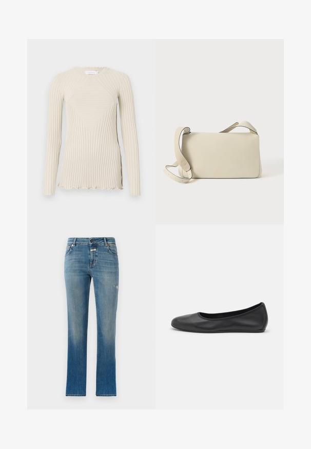 Rabanne Langarmshirt - ecru; Helleblaue, gerade geschnittene Jeans aus Denim. Mit einer mittelhohen Taille, Fronttaschen und leichten Used-Effekten auf dem Stoff.; Schwarze Leder-Ballettschuhe mit abgerundeter Spitze, glatter Textur, minimalen Nähdetails und einem flexiblen Sohlen-Design.; Helleleder-Schultertasche in Cremefarbe mit verstellbarem Tragegurt und Klappenverschluss, vor einem schlichten weißen Hintergrund.