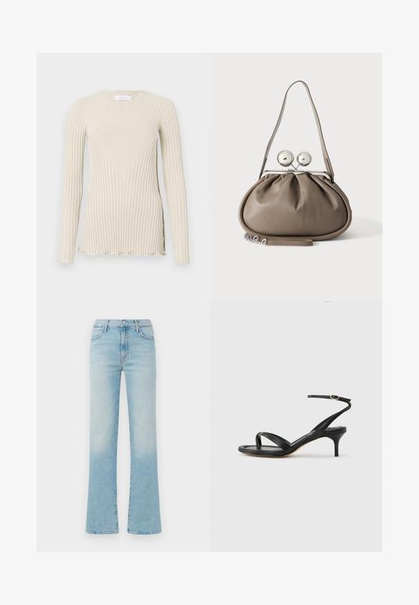 Rabanne Camiseta de manga larga - ecru; Jeans acampanados de color azul claro fabricados en denim, con una cintura alta, diseño de cinco bolsillos y un acabado desgastado para un efecto vintage.; Sandalia negra de cuero para mujer con tiras finas, un lazo para el dedo del pie, hebilla en el tobillo y tacón de aguja de altura media sobre un fondo neutro.; Bolso de mano de cuero gris con forma redondeada, cierre superior con dos grandes esferas plateadas y una sola asa de correa.