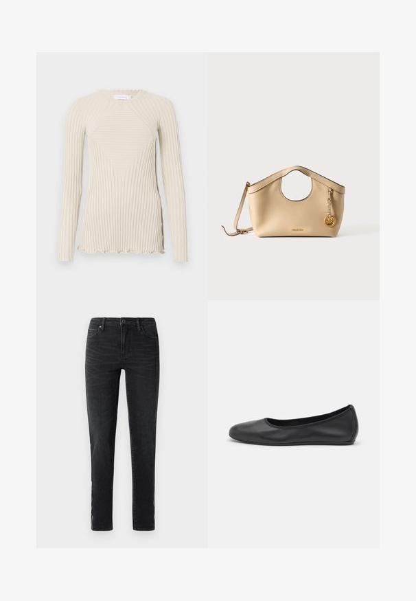 Rabanne Longsleeve - ecru; Zwarte slim-fit jeans met een voorste knoop, riemlussen en subtiele vervagingdetails langs de zijkanten en de voorkant van de bovenbenen.; Zwarte leren ballerina met een ronde neus, gladde textuur, minimale stikdetails en een flexibele zoolontwerp.; Beige leren handtas met een ronde bovenhengsel, afneembare schouderriem en gouden MK-logo hanger op een effen witte achtergrond.