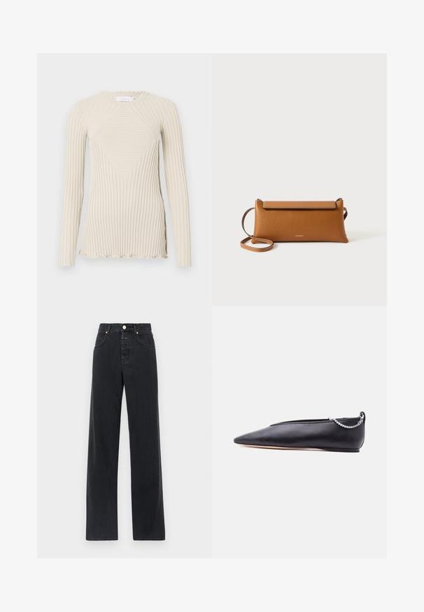 Rabanne T-shirt à manches longues - ecru; Jean en denim noir avec taille haute, coupe droite, design à cinq poches, coutures visibles et fermeture à bouton en métal.; Chaussure plate noire en cuir pointue avec un petit talon et un détail de chaîne argentée à l'arrière sur un fond uni.; Sac à main en cuir brun, de forme rectangulaire, surface texturée, bandoulière amovible, fermeture éclair, logo subtil estampé à l'avant.