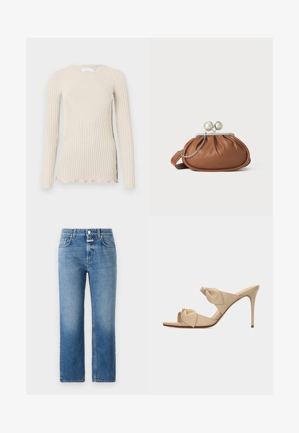 Rabanne Langærmet T-shirt - ecru; CLOSED MILO - Jeans Straight Leg - mid blue; Beige åben tå højhælet mule-sandal med to snoede knudestrimler og en slank stilet-hæl på hvid baggrund.; Brun læder clutch-pung med sølv kugleklap og en lille sølv kædedetalje på en hvid baggrund.