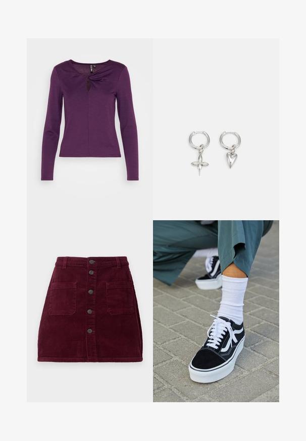 Pieces PCMINA - Langærmet T-shirt - blackberry cordial; Burgunderfarvet kordfløjlsskjorte med høj talje, fem frontknapper og to forlommer; tekstureret stof med lodret ribbede mønster.; Sorte ruskinds sneakers med hvide accenter og snørebånd, der har en tyk hvid sål og kontrasterende syninger, parret med en hvid sok.; Sølv hoop øreringe med et kors og hjerte charm. Glat, skinnende tekstur med en poleret finish. Hver charm hænger fra en sikker løkke.