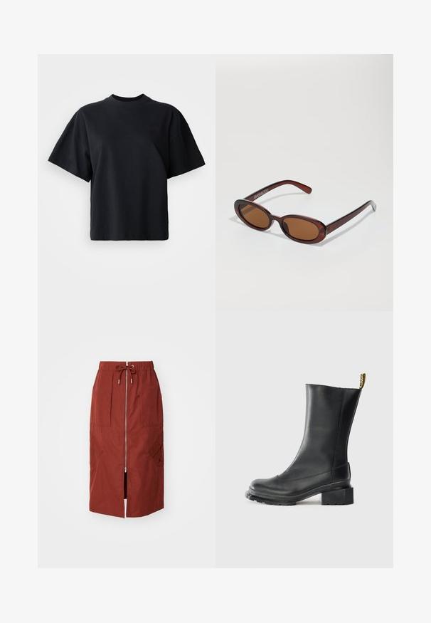 Zwarte katoenen t-shirt met een ronde halslijn, korte mouwen en een boxy fit; heeft subtiele logo-details aan de voorkant.; Mid-length rok in terracotta rood, met een rits aan de voorkant, een elastische tailleband met trekkoord en zijzakken met een geometrisch ontwerp.; Zwarte leren enkellaars met een blokhak, gladde textuur, ronde neus en een haklus met gele branding.; Ronde, bruin getinte zonnebril met een glanzend bordeauxrood frame. Slanke pootjes met subtiele merkdetails. Vlakke lensontwerp.