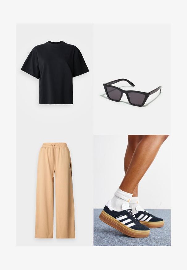 Camiseta de algodón negra con cuello redondo, mangas cortas y un ajuste amplio; presenta un discreto logo en la parte delantera.; Pantalones anchos color beige con un patrón texturizado, cinturilla elástica, cordón y bolsillos laterales con acentos en negro.; Piernas con calcetines blancos y zapatillas Adidas Gazelle negras con rayas blancas y suelas marrones gruesas sobre un suelo alfombrado gris.; Gafas de sol negras y angulares con lentes grises; fabricadas en plástico, con varillas gruesas de superficie suave y sin herrajes visibles.