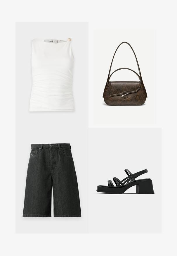 Haut blanc sans manches ajusté avec fronces sur le côté et un détail de nœud torsadé sur une épaule, étiqueté Topshop.; Shorts en denim noir avec une coupe ample, avec une fermeture à bouton et à glissière à l'avant, des passants de ceinture et deux poches avant. Tissu texturé avec des détails de couture.; Sandales noires à talons avec plusieurs fines lanières et un large talon carré. Design élégant avec une texture mate. La semelle intérieure a une légère courbure.; Sac à main en cuir brun foncé texturé avec deux anses, forme rectangulaire arrondie, et fermeture à bouton circulaire argenté sur le rabat avant.