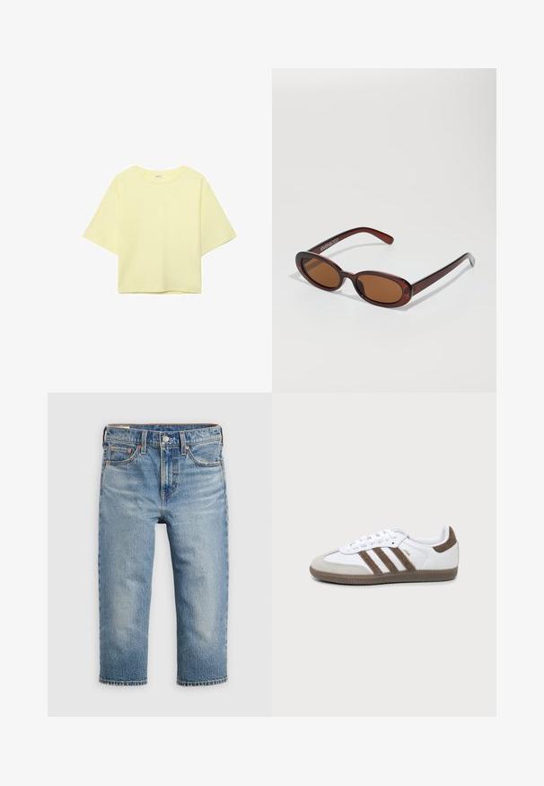 Hellgelbes kurzärmeliges Crop-T-Shirt mit rundem Ausschnitt, auf weißem Hintergrund gezeigt.; Hellblaue Jeans aus Denim mit lockerem Schnitt, verkürzter Länge, fünf Taschen und Metallknopfverschluss. Verblasste Textur mit dezenten Nähdetails.; Weißer und brauner Adidas Samba Sneaker mit drei braunen Streifen, Schnürsenkeln und strukturierter Sohle, von der Seite auf einem einfarbigen Hintergrund gezeigt.; Runde, braun getönte Sonnenbrillen mit einem glänzenden burgunderfarbenen Rahmen. Schlanke Bügel mit dezentem Branding. Flaches Linsendesign.
