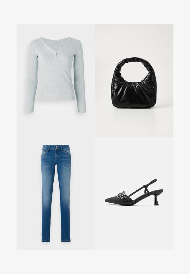 Top de manga larga gris claro hecho de tela acanalada. Presenta un escote en V y tres botones en el cuello, con un diseño ajustado.; Vaqueros de mezclilla azul con un lavado desgastado, que cuentan con un diseño clásico de cinco bolsillos, cierre de botones y un corte recto.; Simmi London DALA - Tacones - black; Bolso negro acolchado con un asa redondeada, que presenta una superficie lisa y brillante y una textura suave y acolchada. Sin herrajes ni acentos visibles.