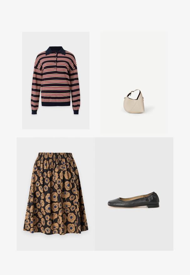 Long-sleeve polo shirt with navy, red, and cream horizontal stripes and navy collar and cuffs, displayed on a plain white background.; Black skirt with an elastic waistband featuring a tan and blue floral pattern and a flared, gathered silhouette.; Black leather ballet flats with a rounded toe and minimal stitching. Low, rectangular heel and smooth texture. Subtle interior lining detail.; Beige leather crescent-shaped handbag with a single shoulder strap and minimal stitching, set against a plain white background.