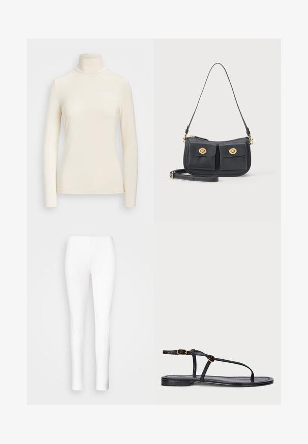 Top de cuello alto de manga larga en un suave tejido color crema. Presenta un diseño ajustado con un alto cuello y bordes de mangas sin costuras.; Leggings blancos hechos de material elástico. Diseño ajustado con una textura suave, que se estrecha en los tobillos sin cierres visibles ni adornos.; Sandalia plana negra con un diseño minimalista. Presenta tiras delgadas, un separador de dedos, acentos de hardware dorado y una suela suave y texturizada.; Bolso de hombro de cuero negro con dos bolsillos delanteros con solapas y cierres giratorios en tono dorado, y una correa bandolera desmontable.