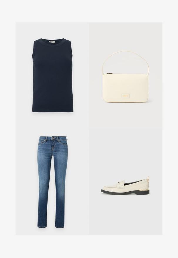 Mørkeblå, ærmeløs top lavet af ribstrikket stof. Har rund halsudskæring og tætsiddende design uden yderligere detaljer eller mønstre.; Blå denim jeans med lige ben, der har en let falmning, fem lommer og en enkelt knaplukning i taljen.; Cremefarvet læderloafer med en dekorativ strop, syede detaljer og en lav sort platformssål akkompagneret af en guldfarvet hæl.; Kremfarvet rektangulær håndtaske med en enkelt rem og lynlås øverst, med en lille præget logo-plakette foran.